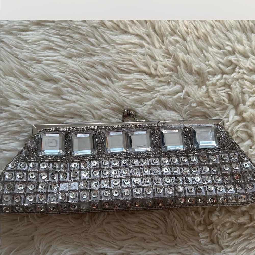 2000s Vintage Silver Clutch Bag with Crystal Accents